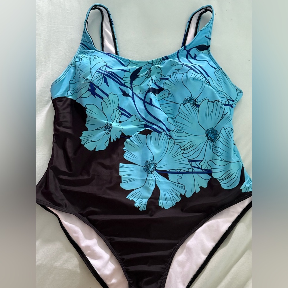 Amazon Women's One Piece Swimsuit - Blue Floral and Black